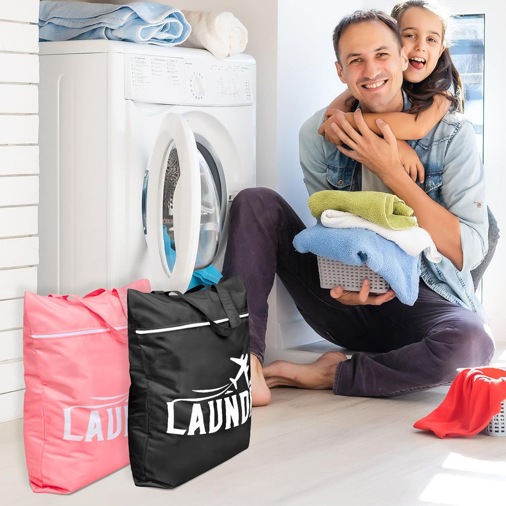 Fiodrimy 2 Pcs Large Travel Laundry Bags - Washable Waterproof Wet Clothes Bags for Gym, Swimming, Yoga & College Dorm (Black+Pink)