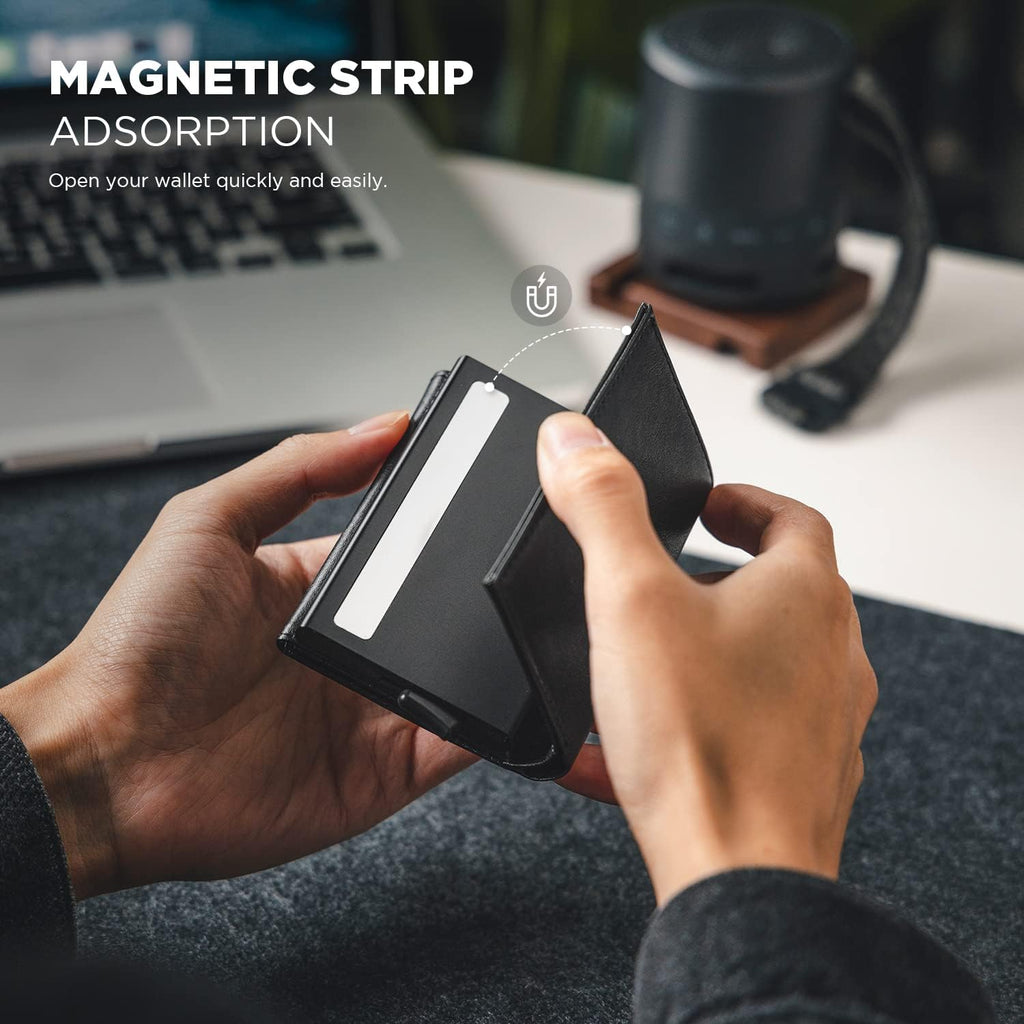 VULKIT Pop up Card Wallet Minimalist Cash Wallets RFID Blocking Leather Smart Credit Card Holder with ID window for Men(Black)