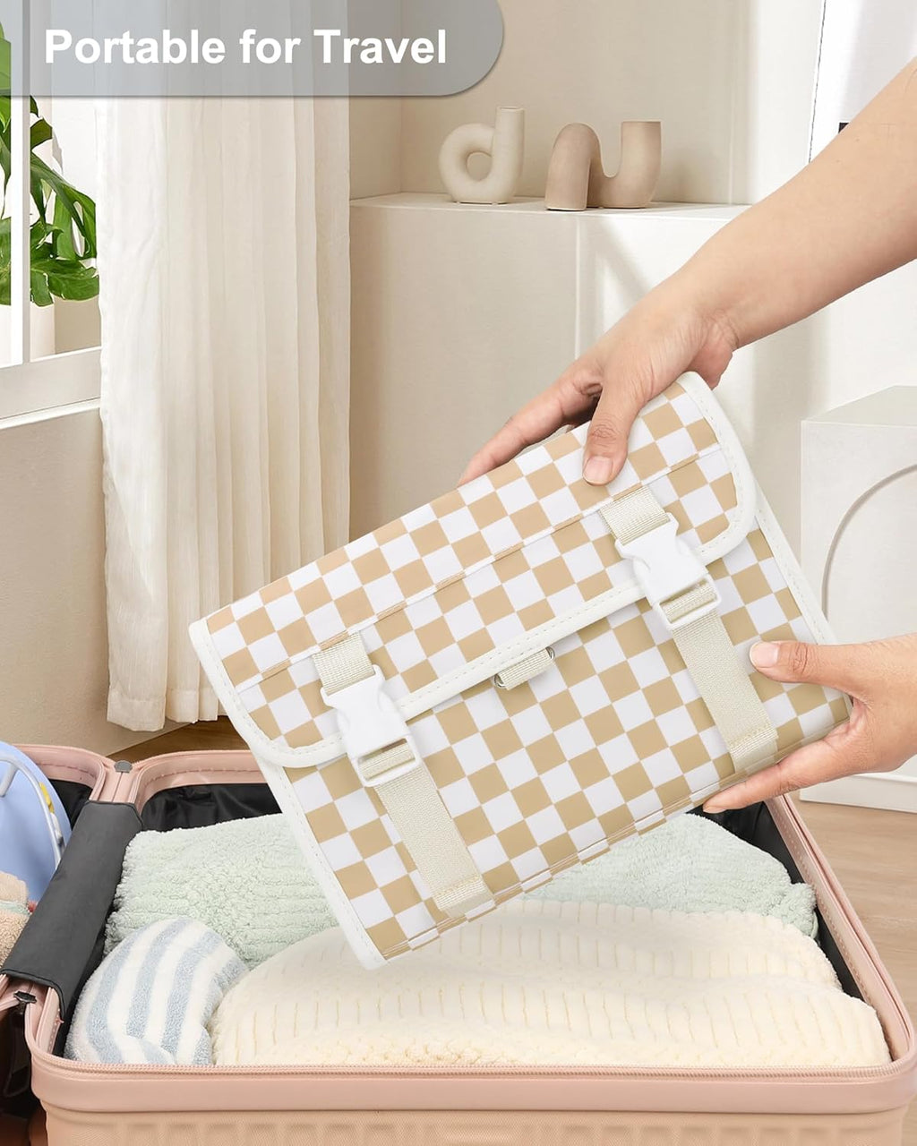 Relavel Hanging Toiletry Bag for Women, Hanging Makeup Organizer with Travel Size Toiletries, Portable Bathroom Travel Bag with Hook for Shaving Kit, Shampoo, Conditioner for Trip - Plaid