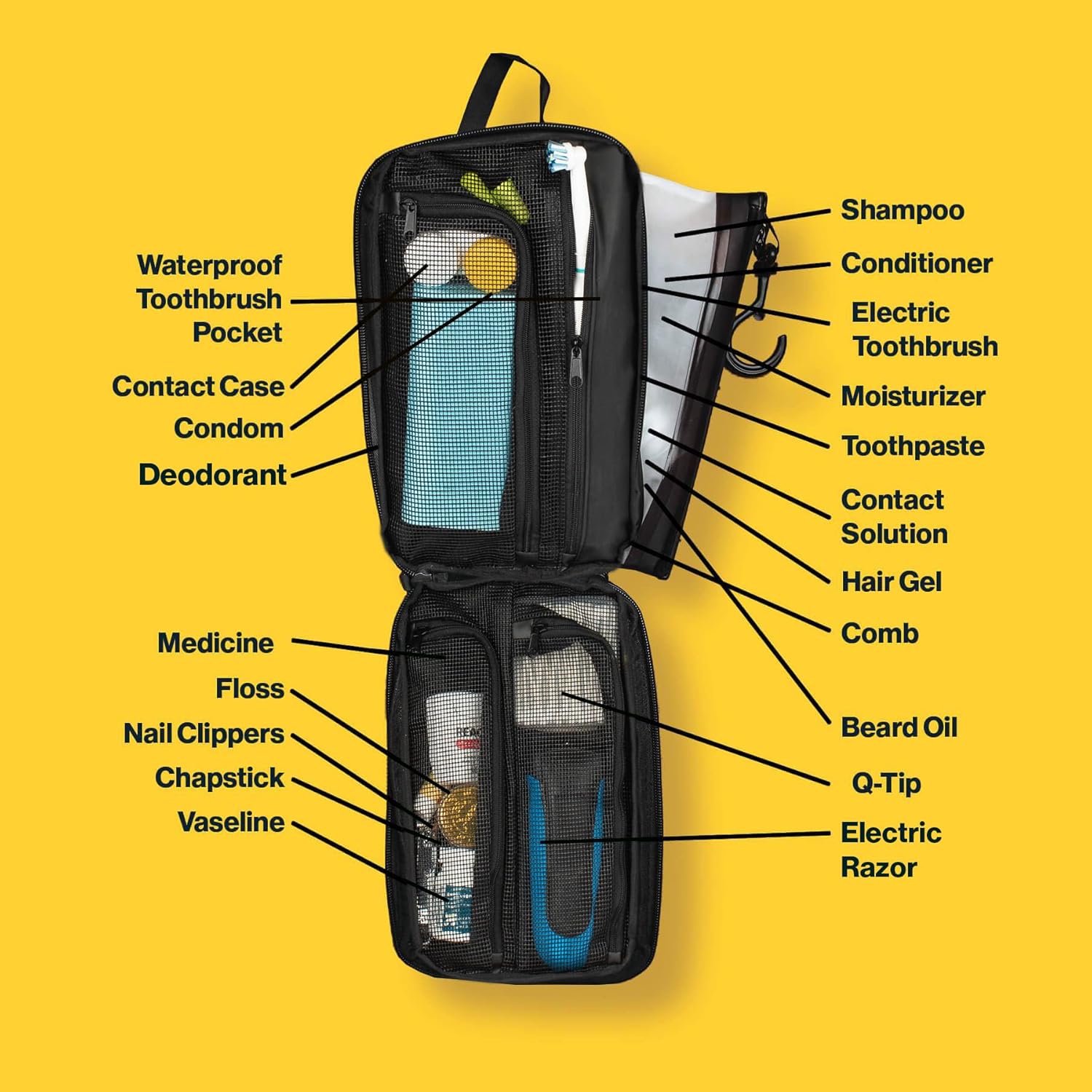 Gravel Hanging Toiletry Bag – Compact, Water-Resistant Travel Dopp Kit (Black, Plus)