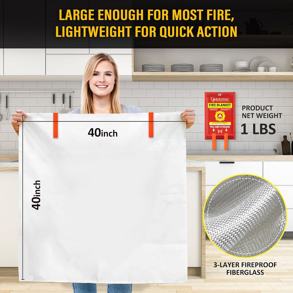 ROLOWAY Emergency Fire Blanket for Home and Kitchen, Fire Blankets Emergency for Home Safety (40 x 40 Inch) with Hooks, Gloves, Fire Suppression Blanket with Emergency Whistle for Fire Safety (4 Pack)
