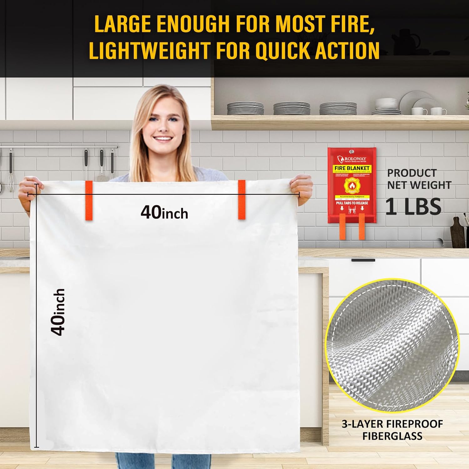 ROLOWAY Emergency Fire Blanket for Home and Kitchen, Fire Blankets Emergency for Home Safety (40 x 40 Inch) with Hooks, Gloves, Fire Suppression Blanket with Emergency Whistle for Fire Safety (2 Pack)