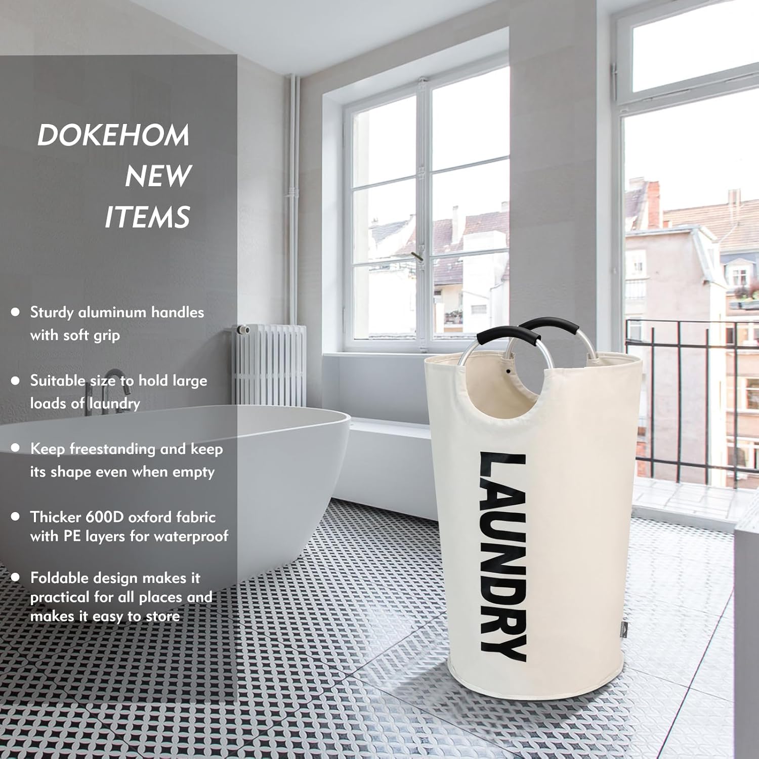 DOKEHOM 125L X-Large Laundry Basket, Collapsible Laundry Bag, Freestanding Tall Clothes Hamper, Foldable Washing Bin (Beige)