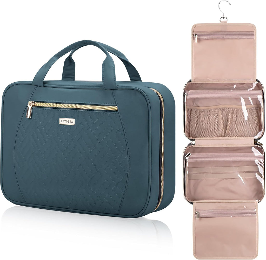 Hanging Toiletry Bag for Women Travel, 2 Sizes Large & Small Waterproof Cosmetic Organizer with 4 Compartments, Rotating Hook, Foldable Pink Travel Bag for Toiletries & Makeup, Large Lake Blue