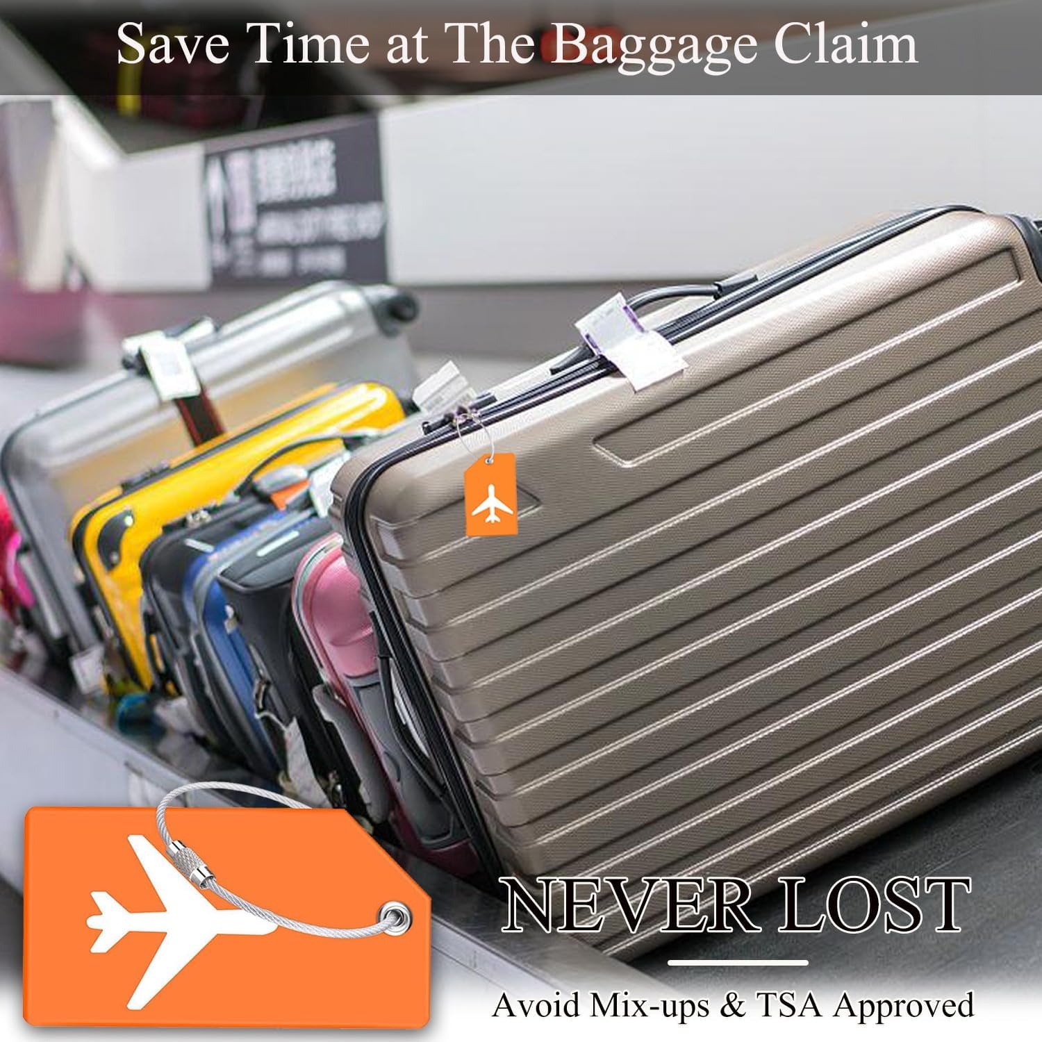 6 Pack Silicone Luggage Tag for Suitcases with Stainless Loop, Privacy Protection Travel Bag Tags Perfect to Quickly Spot Baggage Handbag (Black)