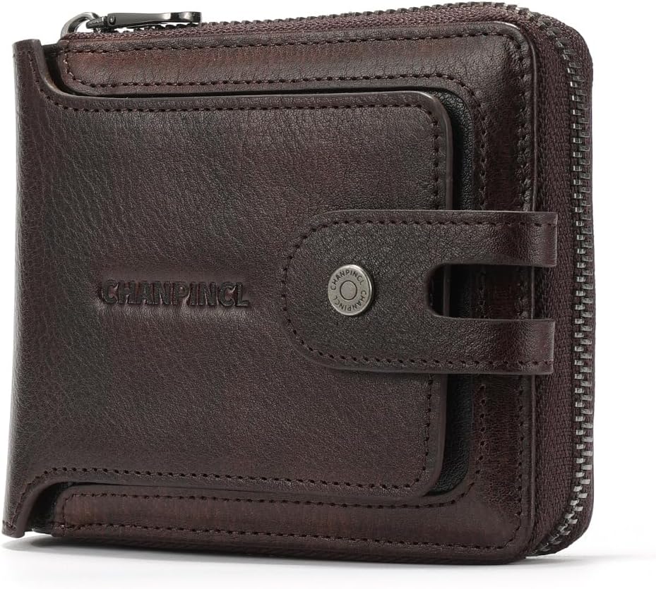Men's brand buckle driver's license zipper genuine leather wallet, large capacity, multifunctional coin pocket (Coffee)