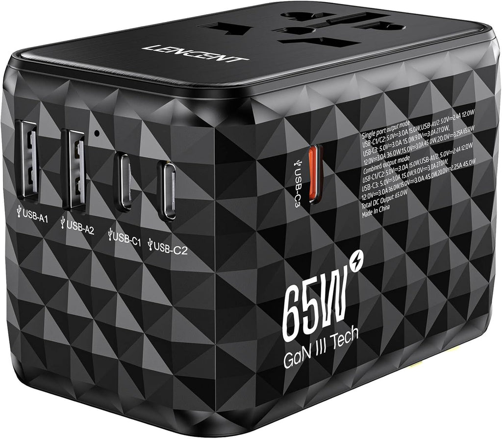 LENCENT 65W GaN International Travel Adapter with 2 USB-A & 3 Type C Ports, Fast Charger for Phones & Laptops, Worldwide Plug Adapter for USA/UK/EU/AUS, Black