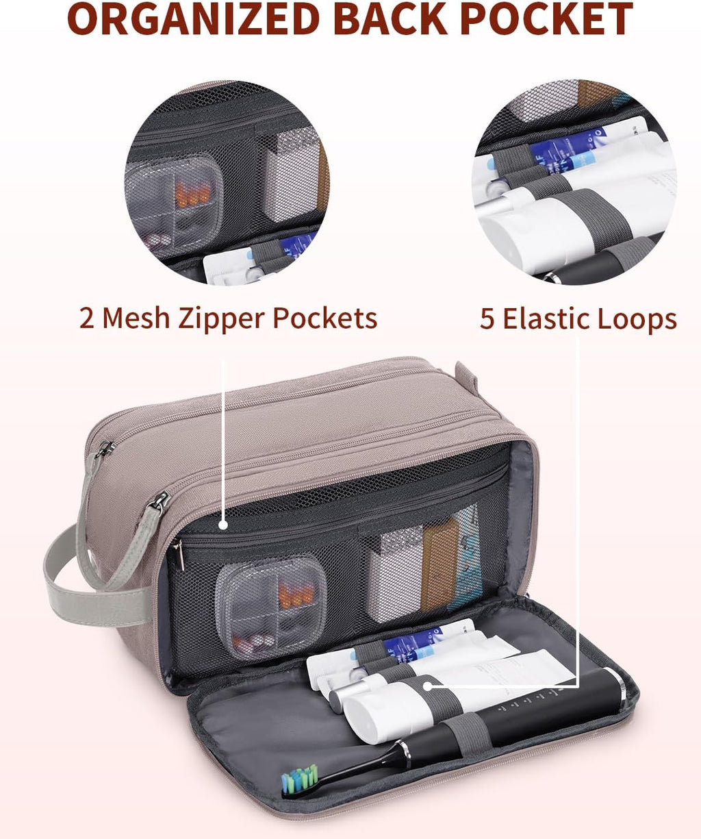 WANDF Toiletry Bag for Men Travel Toiletry Organizer Canvas and Leather Dopp Kit Water-Resistant Shaving Bag for Travel Accessories (Light Pink, Large)