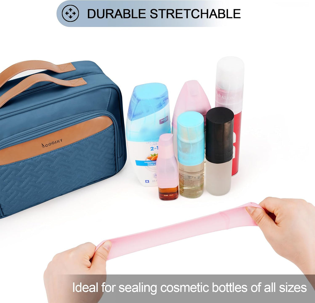 Travel Hanging Toiletry Bag for Women and Men, with 8 Leak Proofing Silicone Bottle Covers, Waterproof Makeup Accessories, Cosmetic Essentials, Toiletries Dopp Kit Set with Jewelry Organizer, Navy