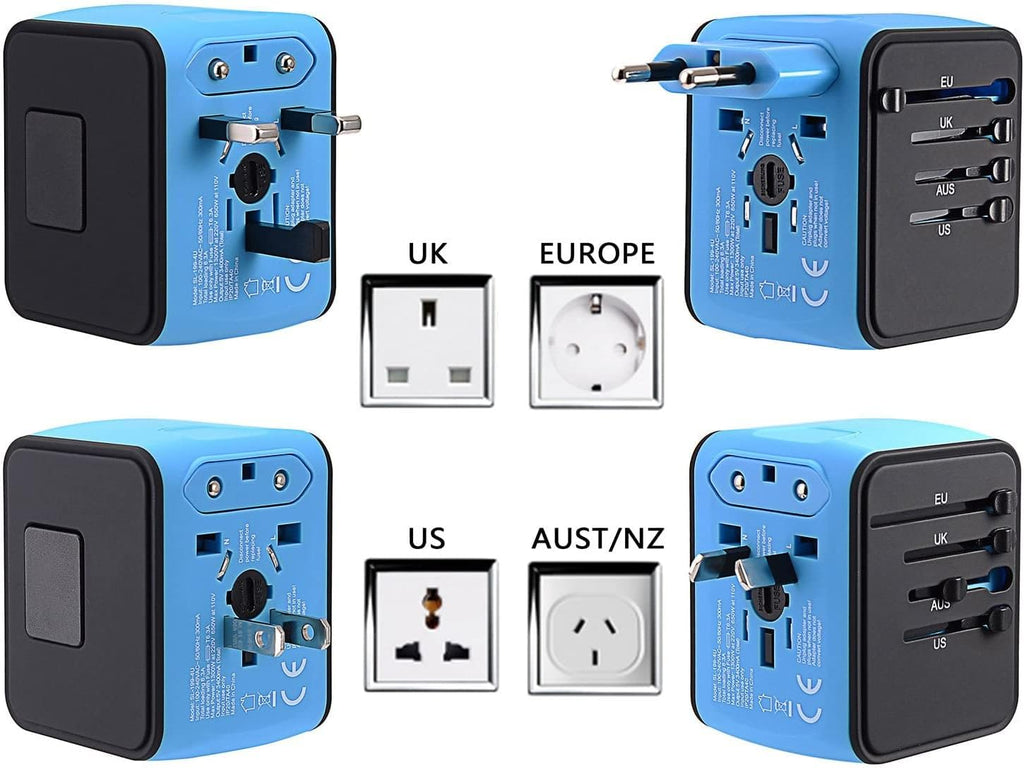 International Travel Adapter Universal Power Adapter Worldwide All in One 4 USB-A Ports Perfect for European US, EU, UK, AU 200+ Countries (Blue)