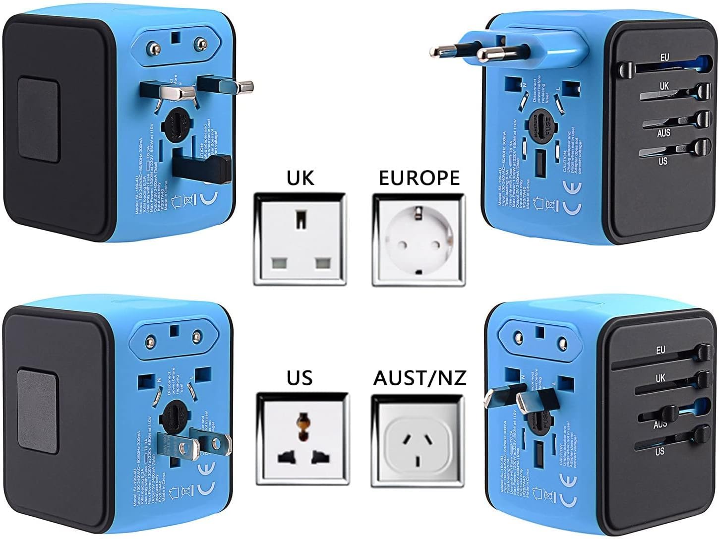 International Travel Adapter Universal Power Adapter Worldwide All in One 4 USB-A Ports Perfect for European US, EU, UK, AU 200+ Countries (Blue)