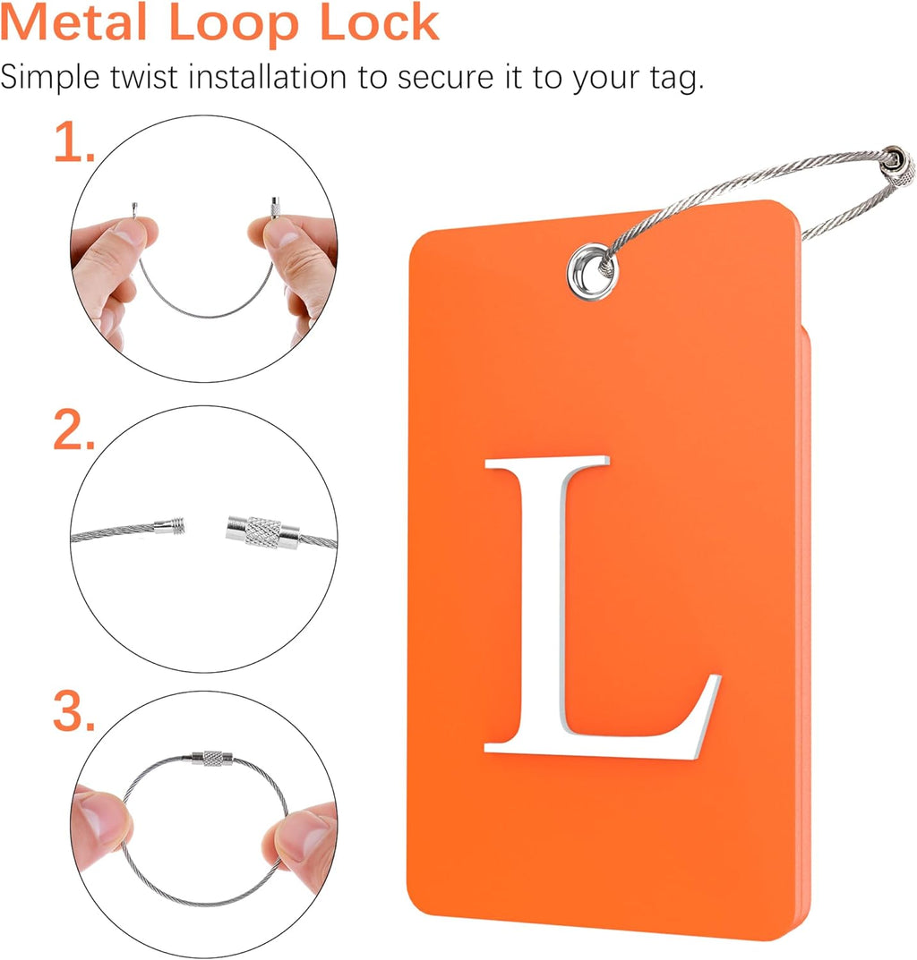 Gostwo 2 Pack Luggage Tags for Suitcases, 26 Initial Letter Travel Luggage Baggage Identification Labels ID Tag Fully Bendable Tags with Stainless Steel Loop (Orange) (Letter L)