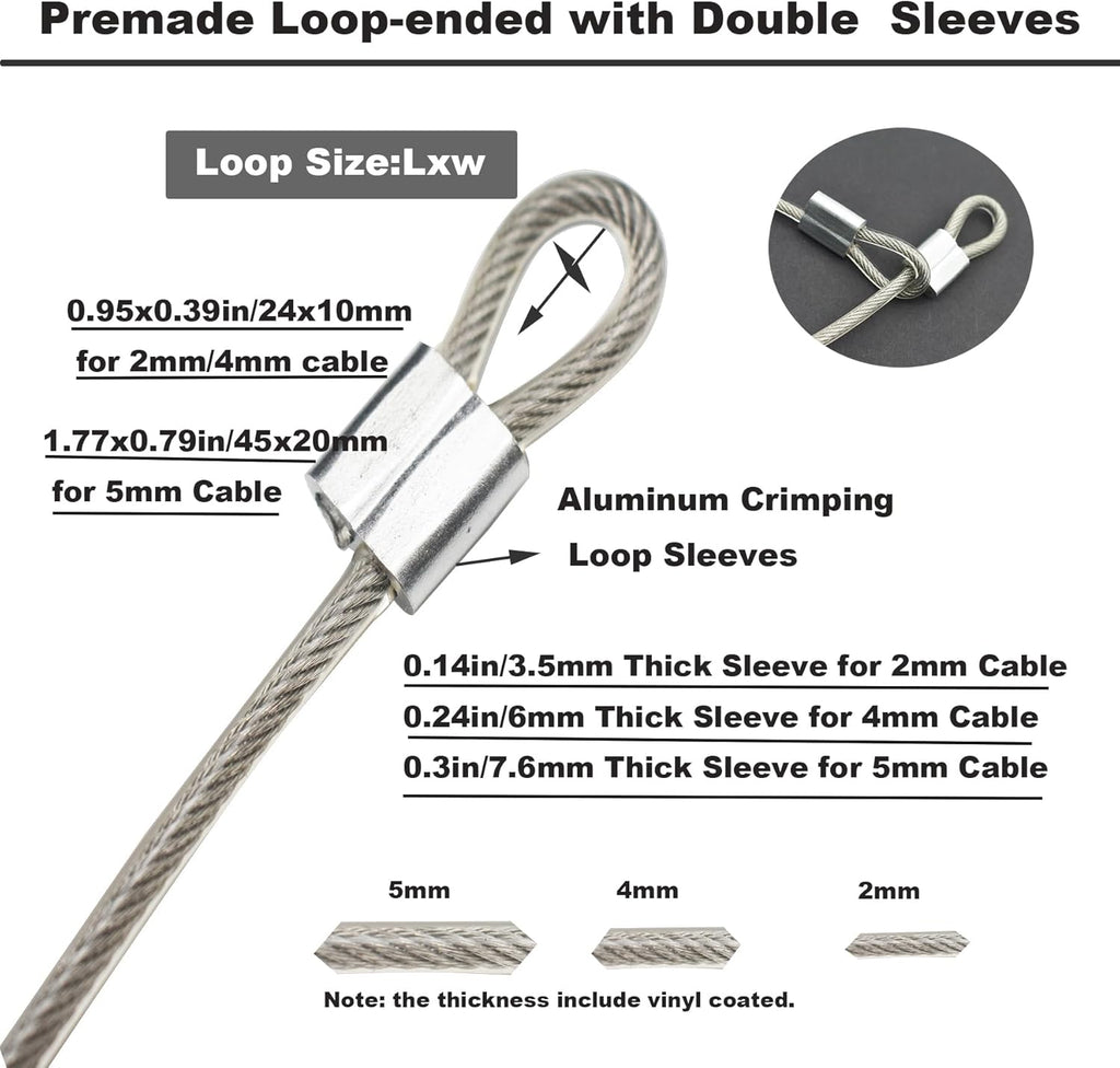 10 Pcs 2mm Wire 24 inch Vinyl Coated Stainless Steel Cable with Loops Short Wire Rope Lanyard Lock Security Chain Link for Outdoor Gates, Clear (2mm x 24inch)