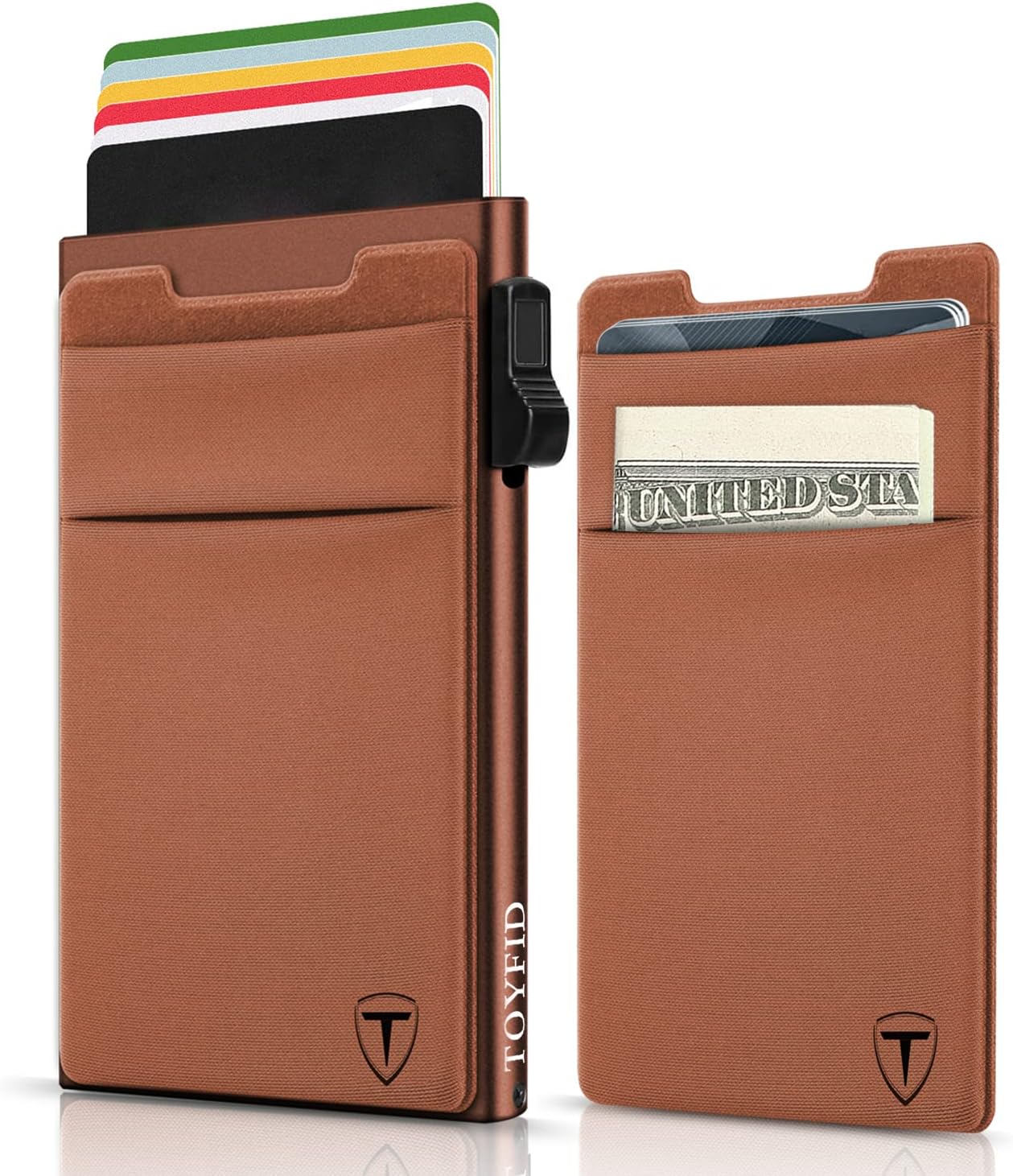 Slim Wallet for Men and Women,Pop Up Credit Card Wallet Metal Minimalist Cards Holder with Money Pocket,Small Ultralight Aluminum RFID Blocking Wallets 6-12 Card Capacity,Brown