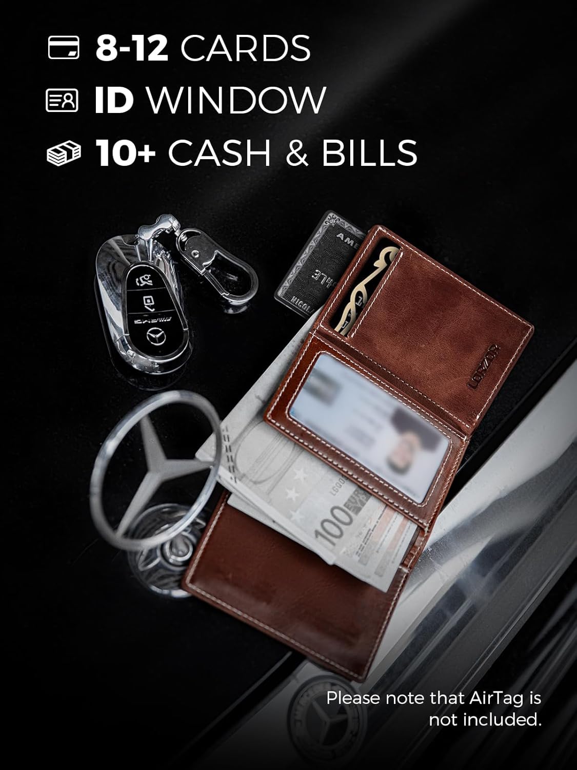 LORZOR Wallet for Men with Metal Card Holder, Pop Up Wallet, Finest Full Grain Leather Trifold Wallet, Smart, Minimalist, RFID Blocking, Front Pocket, ID Window, VintageBrown/Silver