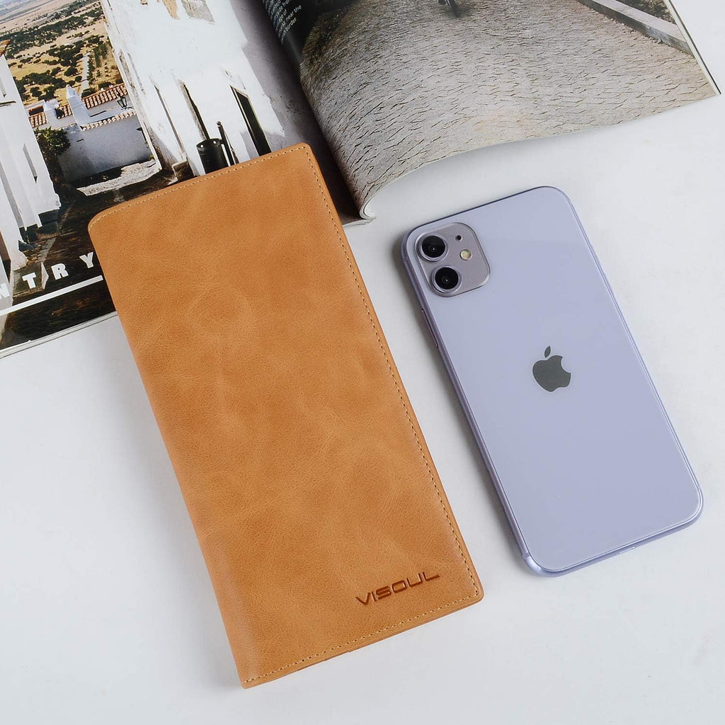 VISOUL Mens Leather Long Checkbook Bifold Wallets with RFID Blocking, Breast Pocket Tall Billfold Secretary Wallet for Men with Card Slots (Tan)