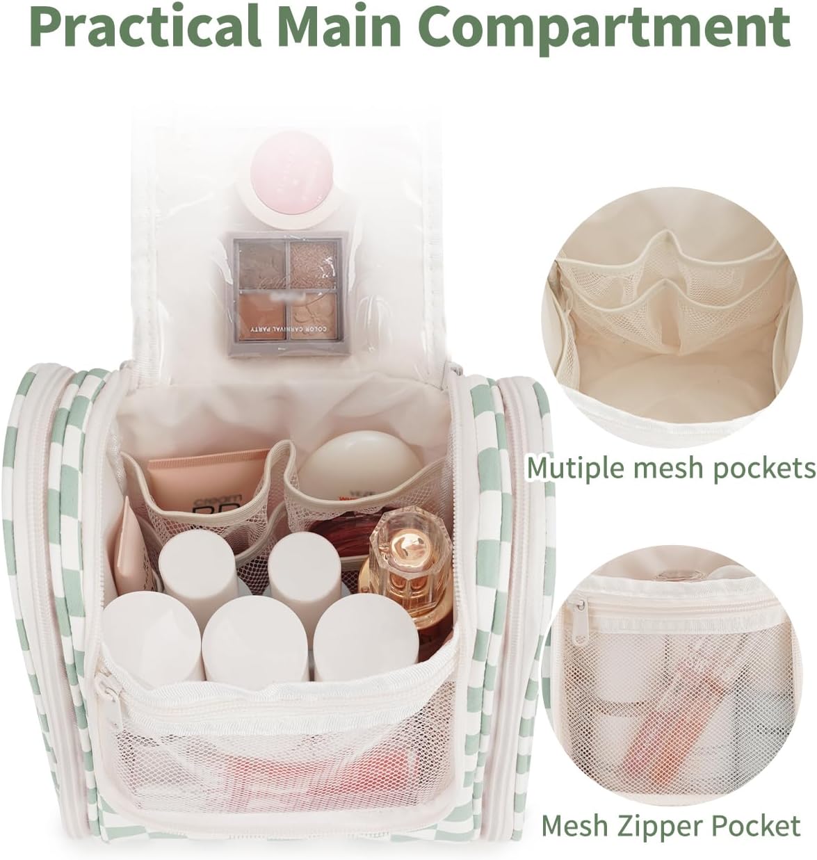 Narwey Small Checkered Hanging Travel Toiletry Bag for Women, Travel Bag for Toiletries, Makeup Bag Organizer Cosmetic Bags Make Up Bags for Women (Mint Green Checkerboard)