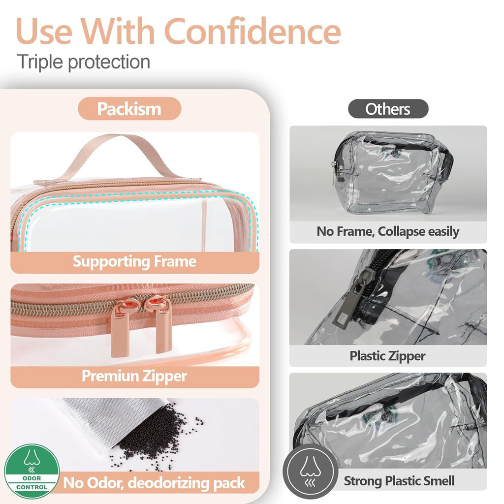 PACKISM Clear Makeup Bag - 2 Pack TSA Approved Toiletry Bag with Handle and 180° Large Opening, Clear Toiletry Bag Fit Carry-on Travel Essential, Travel Bags for Toiletries, Rose Pink