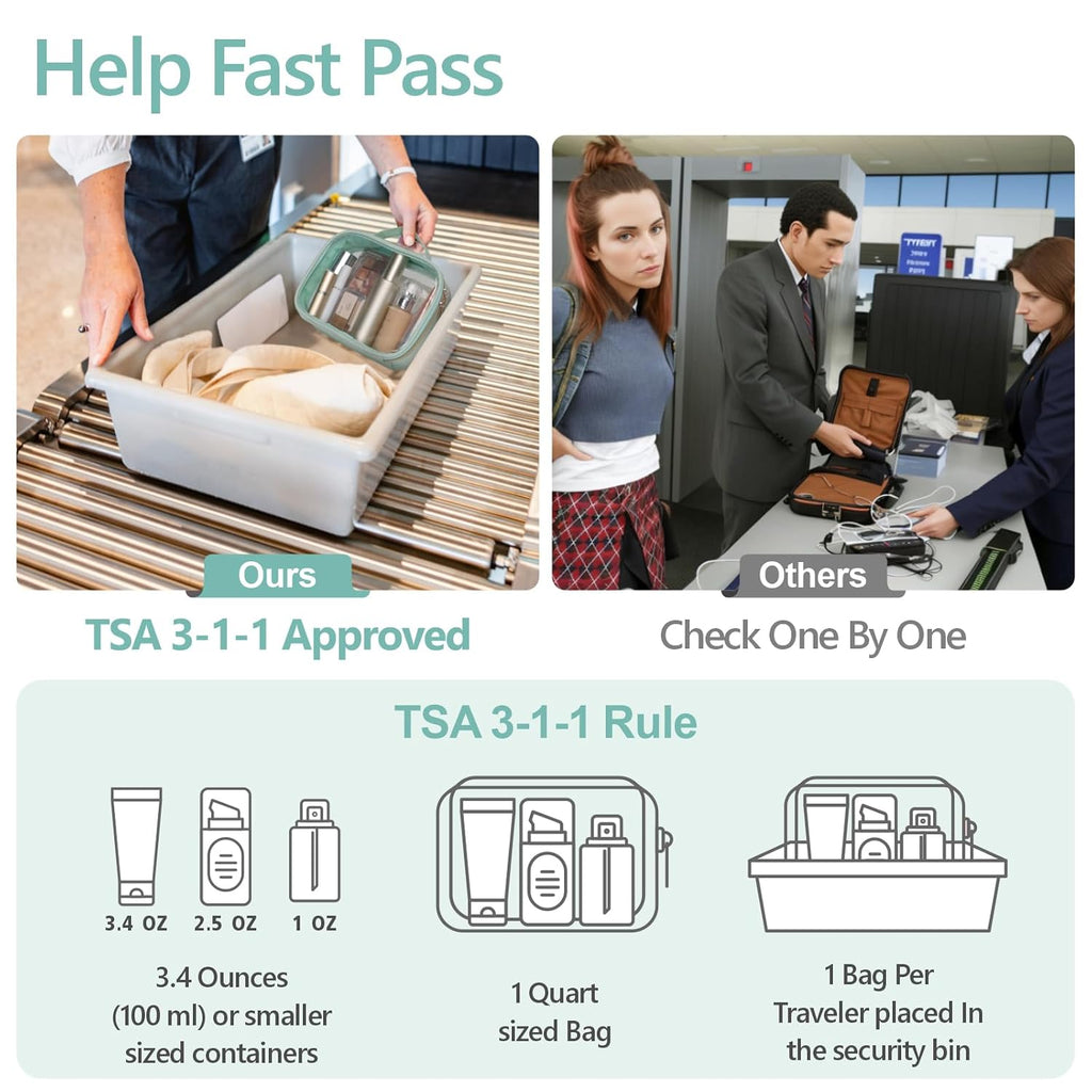 PACKISM TSA Approved Toiletry Bag - Glitter Textured Clear Makeup Bag, Personalized and Fashion, with 180° Large Opening and Supporting Frame, Perfect for Travel Essentials, Thick No Smell, Green