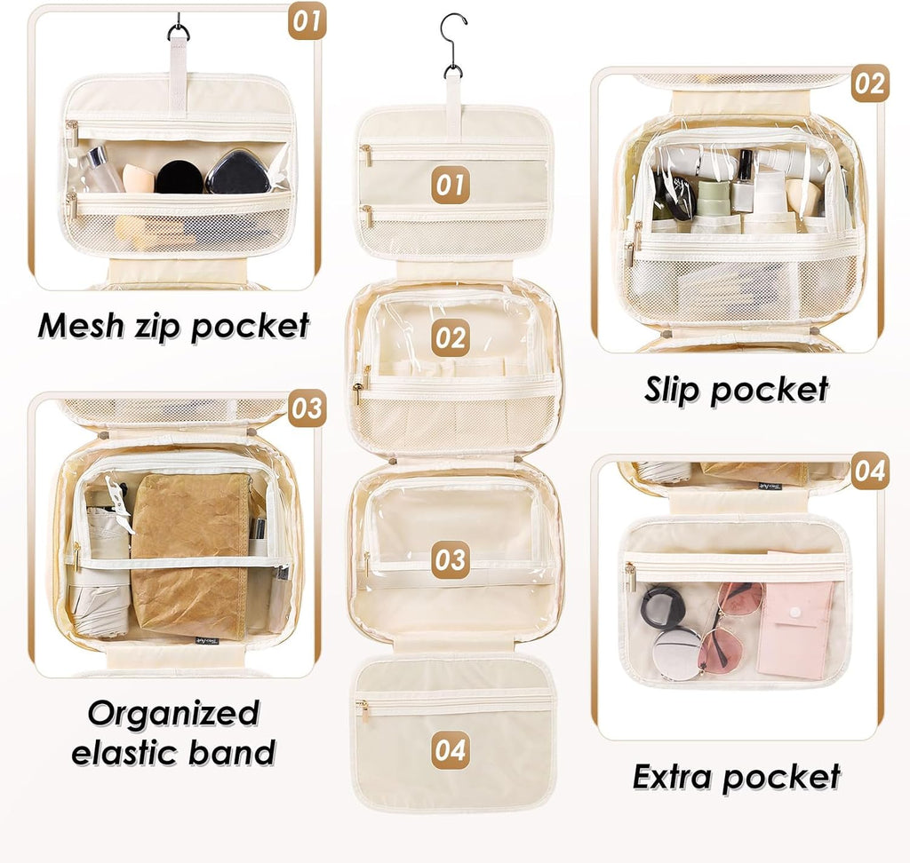 Travel Toiletry Makeup Bag for Women Hanging Toiletry Bag Cosmetic Organizer Make up Bags for Women Travel Makeup Essentials, Beige