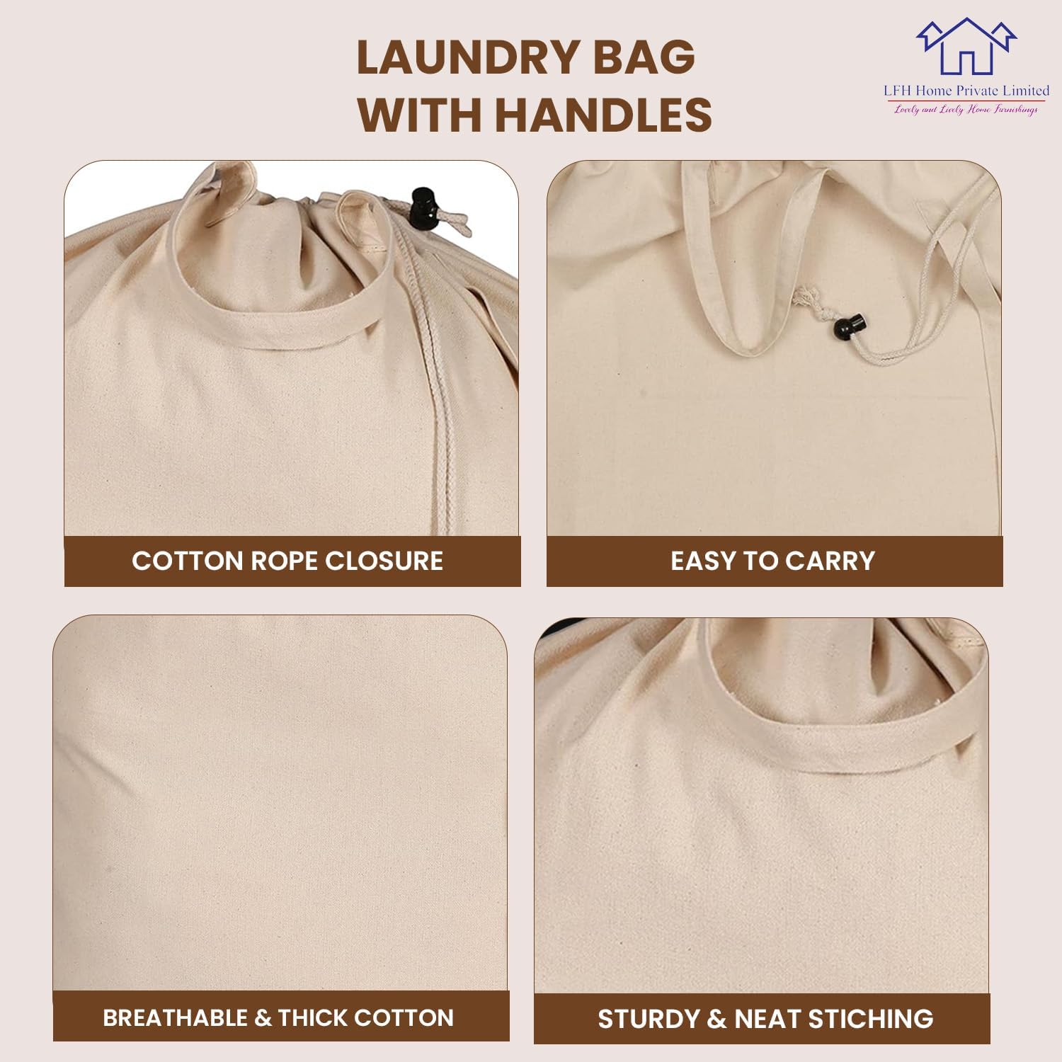 LFH Home Cotton Canvas Large Laundry Bag with Handle, Heavy Duty Drawstring Closure Washable Laundry Bags School Travel, Home, Hotel, College Dorm, Organizer Sack, Toys Clothes 20x30-Natural
