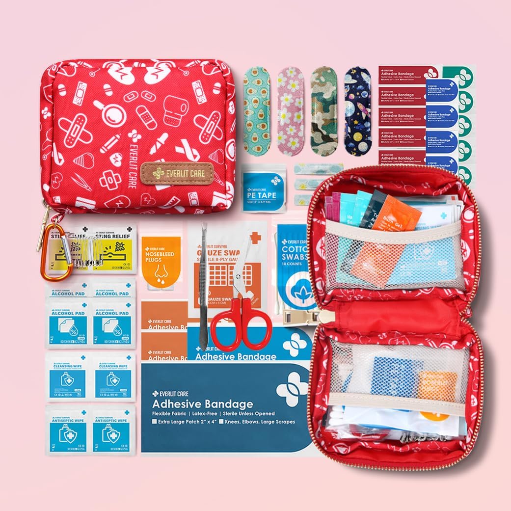 EVERLIT Mini Rescue Pack | 105 Medical Essentials Organized in Portable Storage Bag | Pocket Size Kids First Aid Kit with D Ring | Small Family-Friendly Travel Medical Kit (Original)