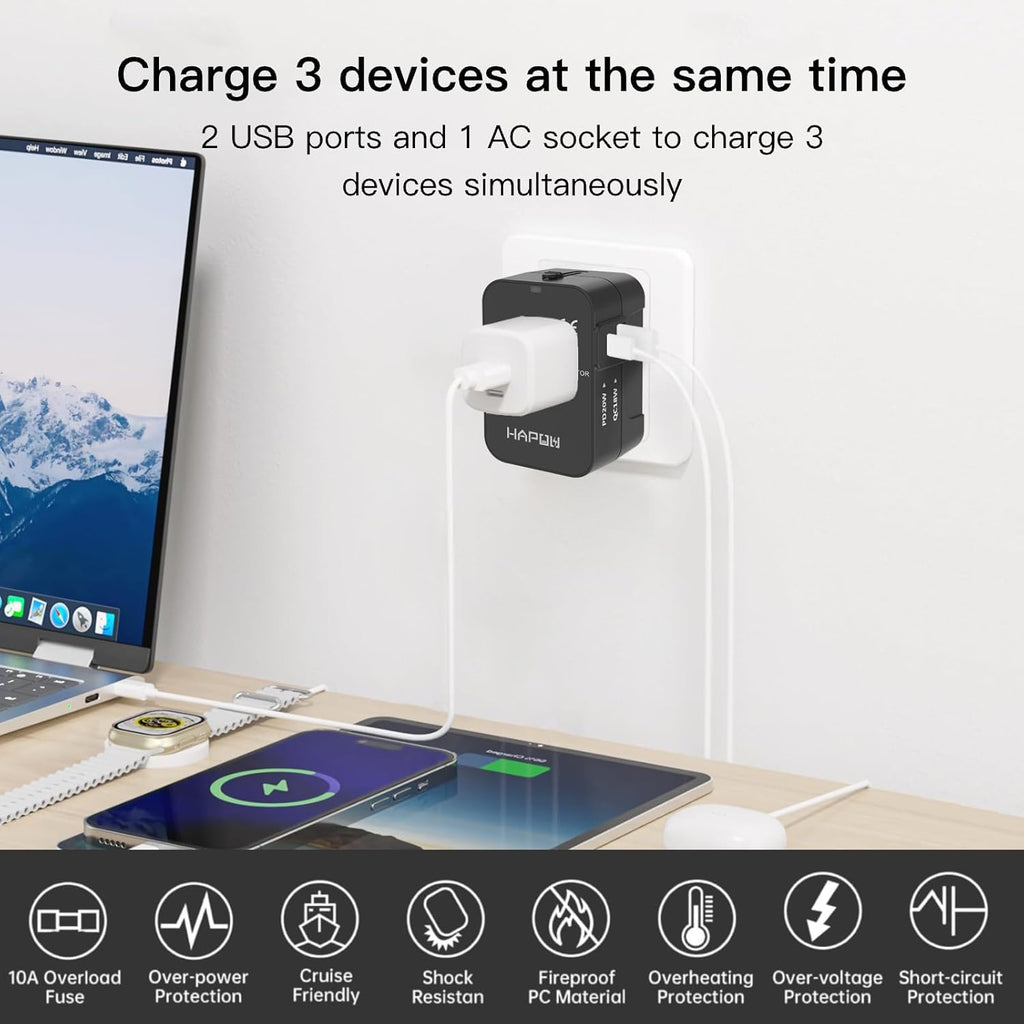 Universal Travel Adapter - 1 USB-C & 1 USB-A Fast Charging Travel Charger, Worldwide Plug Adapter for EU UK USA AU, Black