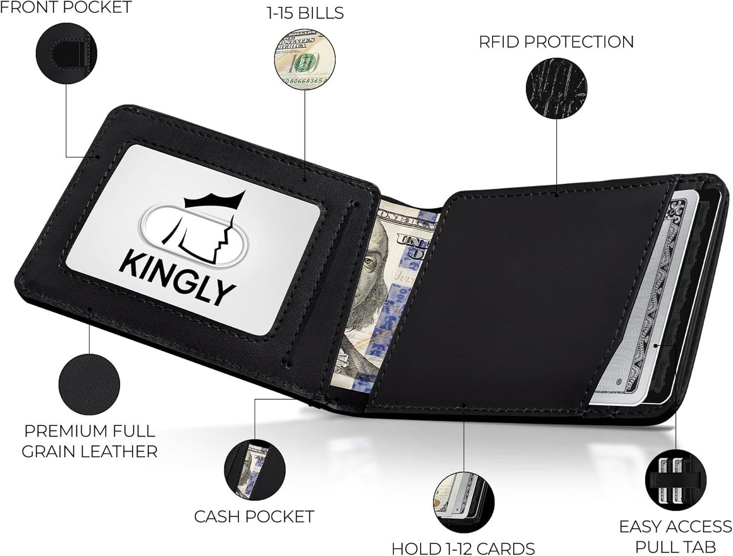 Kingly Cash Pocket Slim Wallet for Men - RFID Blocking Leather Card Holder - Minimalist Men’s Wallet for Front Pockets - Holds 1-15 Cards & Cash - Durable Italian Leather Wallets