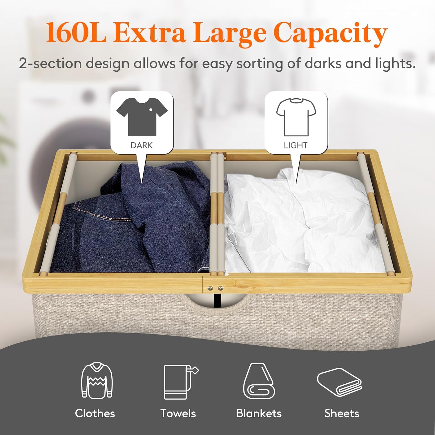Lifewit 160L Double Laundry Hamper with Lid, Extra Large Bamboo Laundry Basket Dirty Clothes Hamper, 2 Section Laundry Bin Organizer for Laundry Room Bedroom with 2 Removable Liners & Bags, Beige