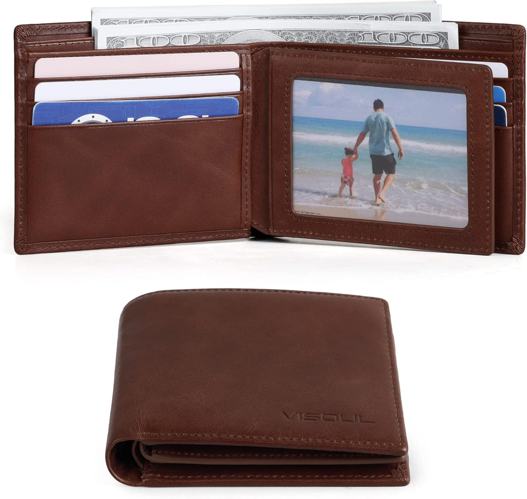 VISOUL Leather Wallets Bifold for Men with 2 ID Windwows, Men's Designer Card Holder Wallets with RFID Blocking (Brown)