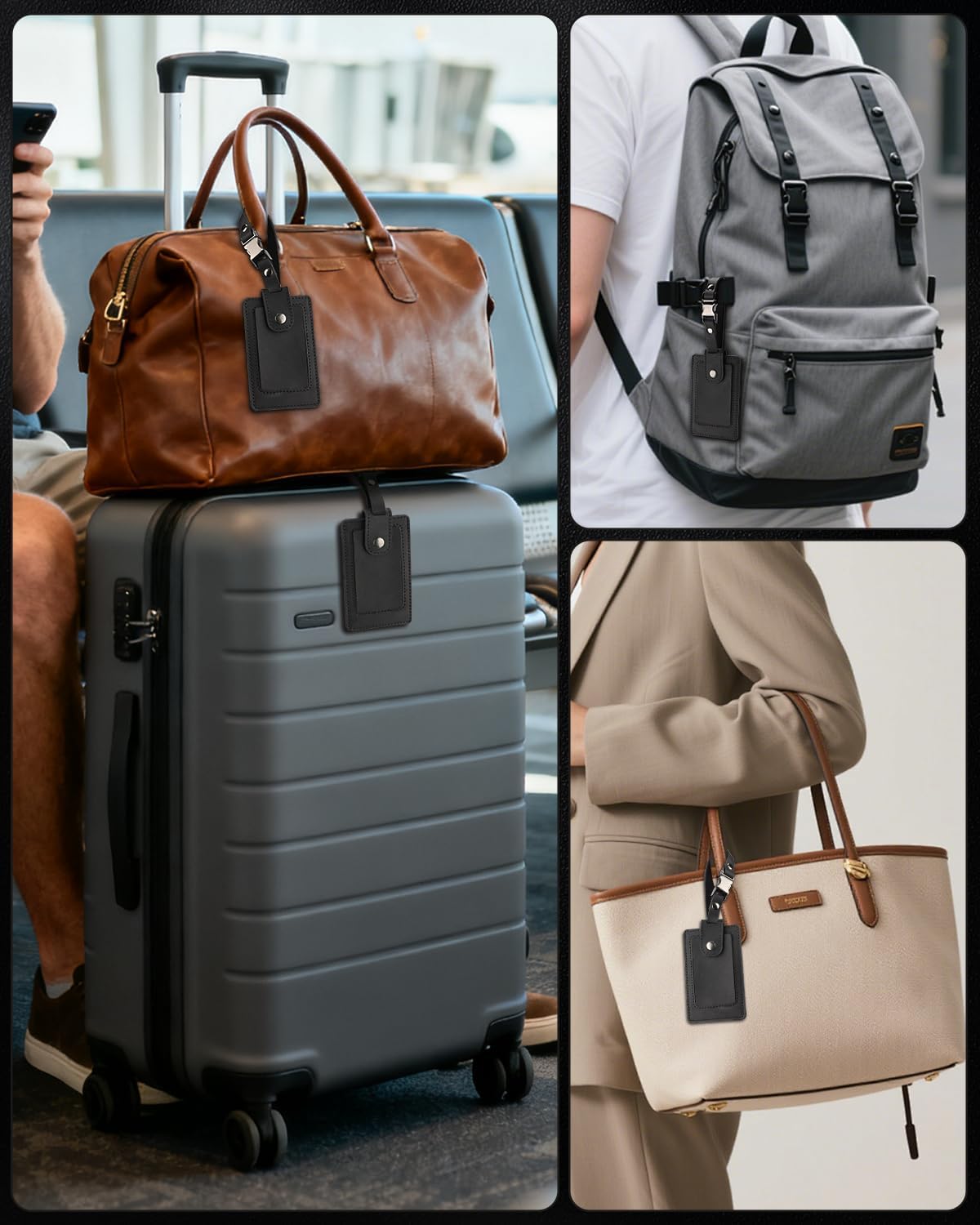 Premium Genuine Leather Luggage Tags for Suitcases - Quick Release, Privacy Protection, Elegant and Durable, Travel Essential Luggage Tag - 2 Pack Black