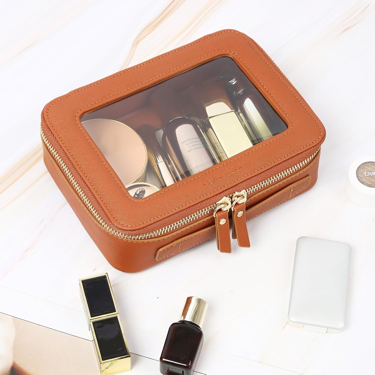 Aveniee Clear Makeup Bag, Travel Toiletry Case Car Accessories Organizer for Women, Heavy Duty Clear Pouch with Dual Zippers(Brown)
