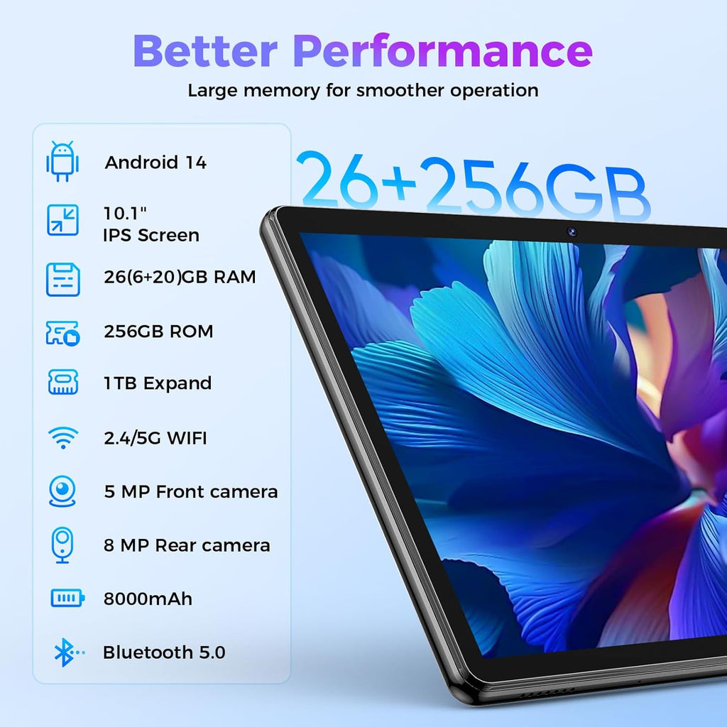 Android Tablet with Keyboard, 26GB RAM, 256GB ROM(1TB Expand), 10.1 inch Android 14 Tablet, 8000mAh Battery, BT 5.0, GMS Certified, 2.4G&5G WiFi, 2 in 1 Tablets with Mouse, Case, Stylus(Green)