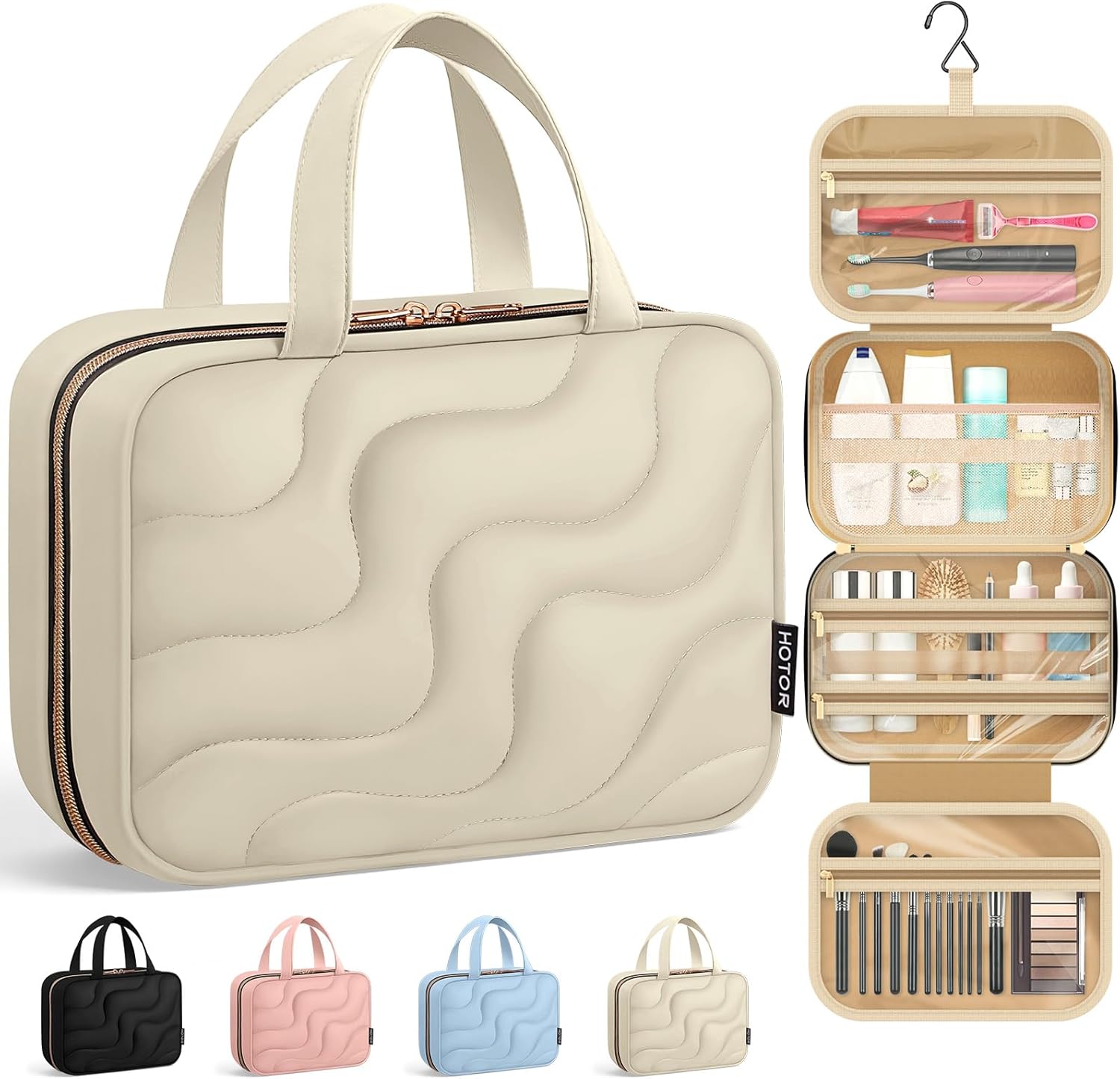 HOTOR Hanging Toiletry Bag - Spacious Travel Toiletry Bag for Women & Men, Multi-Pocket Makeup Organizer, Travel & Cruise Essentials for Business Trip, Gym, Beige, 11.0" x 8.7" x 3.9"