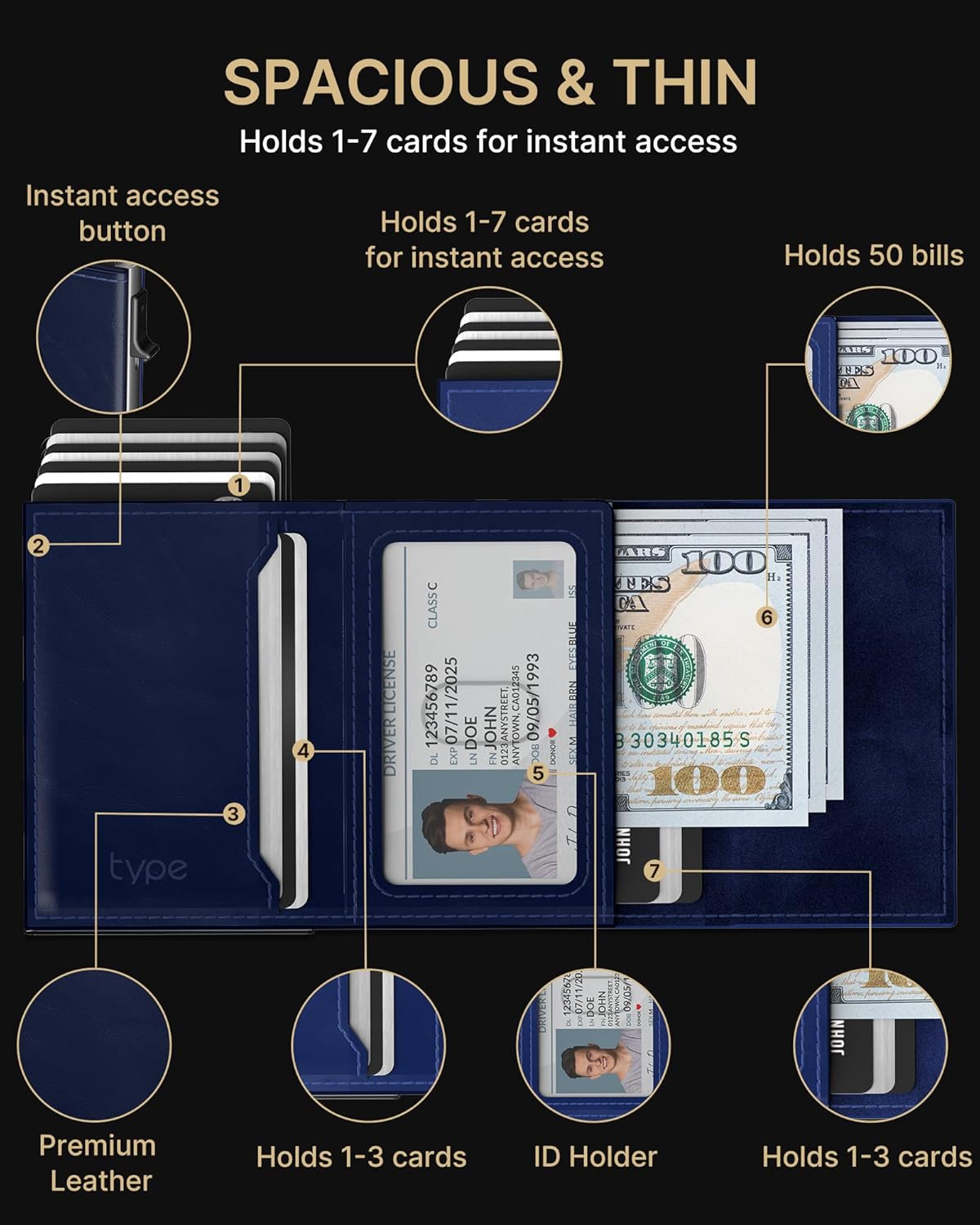 typecase Mens Wallet Card Holder for AirTag: Leather Smart Wallet for Men Compatible with Apple Air Tag, RFID Blocking, Slim, Minimalist - 9-14 Card Capacity | ID Window | Cash Slot (Navy)