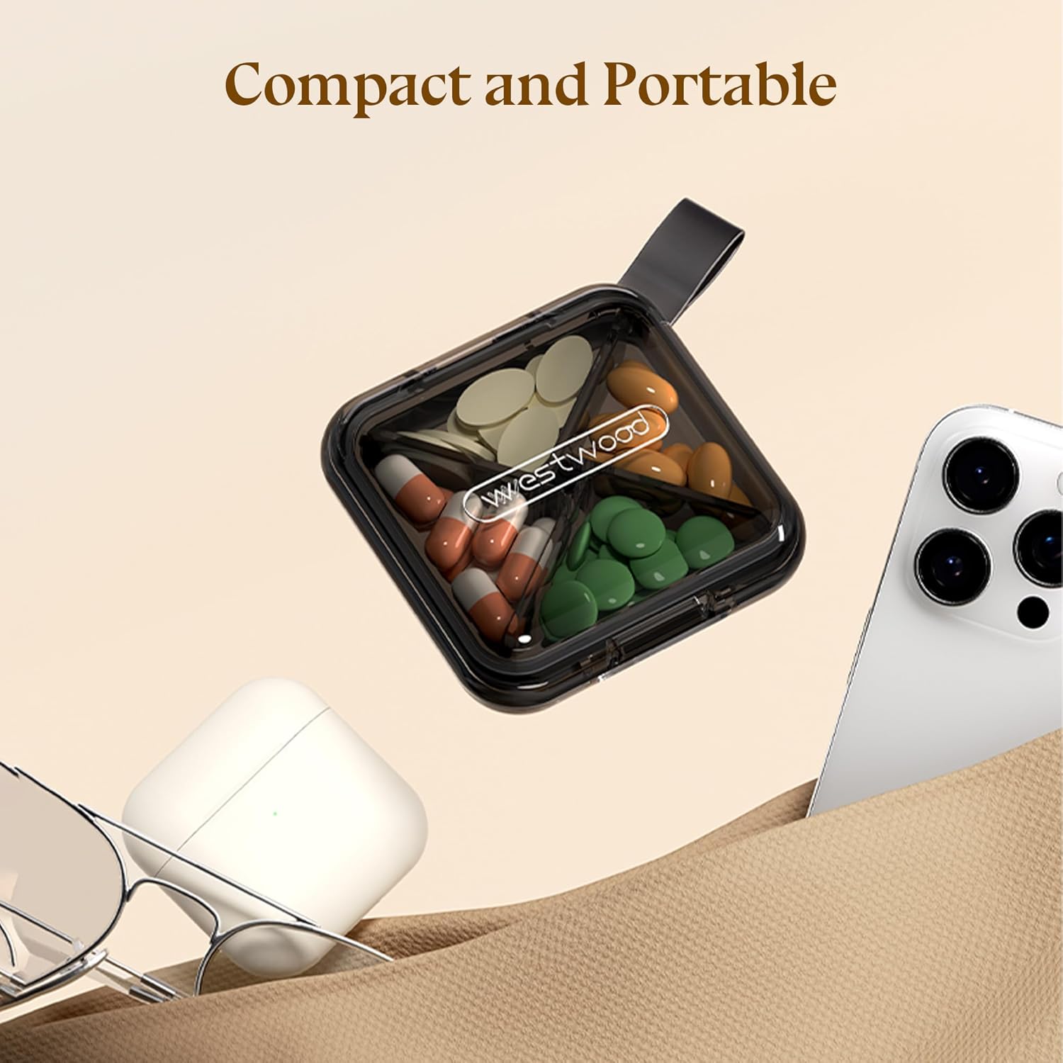 1 Pack Grey Pill Organizer with Strap, 4 Compartments, Compact Travel Pill Box Case, Portable and Moistureproof to Store Vitamins, Medication and Supplements