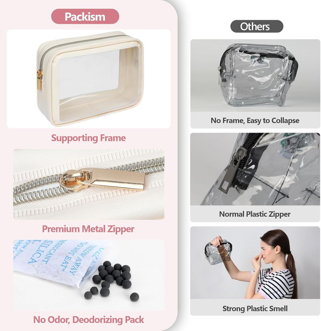 PACKISM Clear Makeup Bag - Soft Plastic Color-Edged TSA Approved Toiletry Bag, Reusable Clear Toiletry Bags with Golden Zipper, Beige