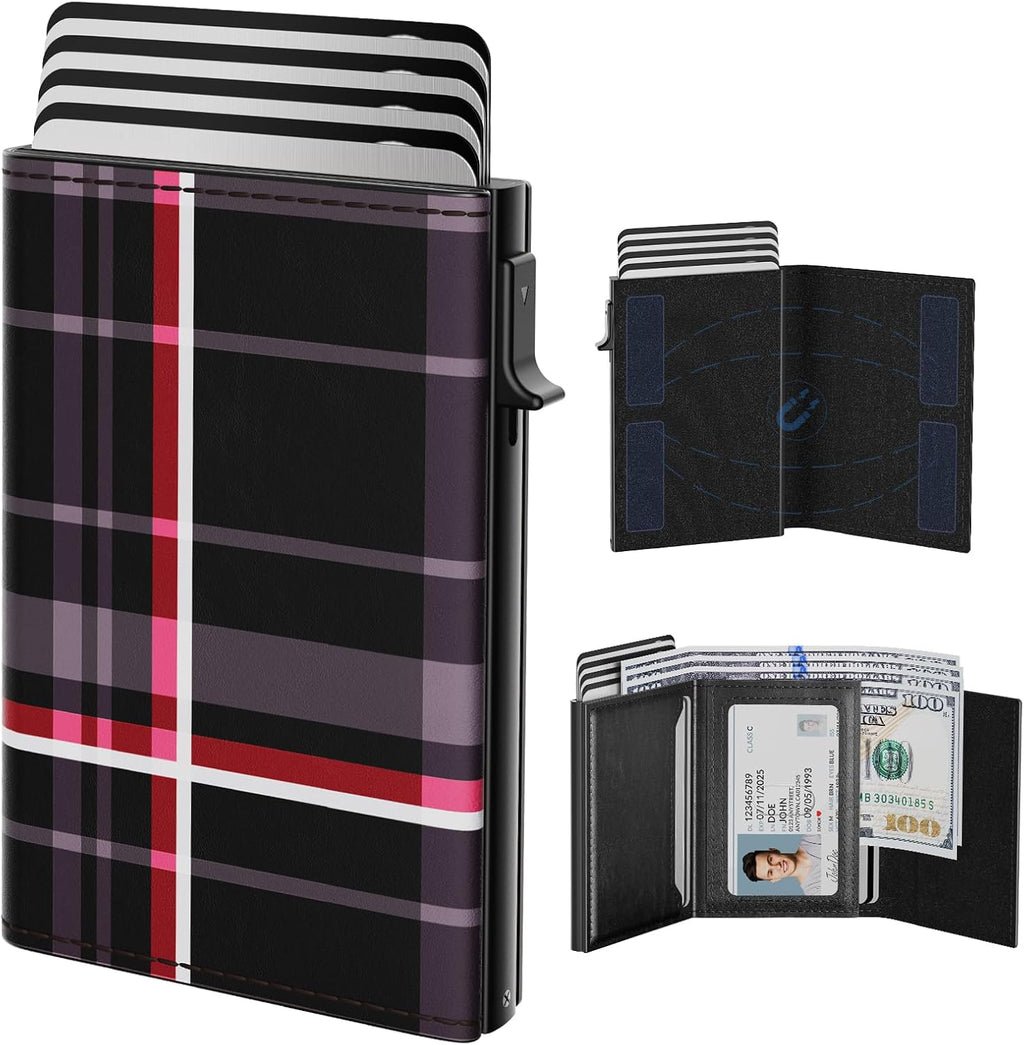 typecase Mens Wallet Card Holder: Pop Up Aluminum Case, Carbon Fiber Leather, Smart, RFID Blocking, Slim, Minimalist, Front Pocket - 9-14 Card Capacity | ID Window | Cash Slot (Plaid)