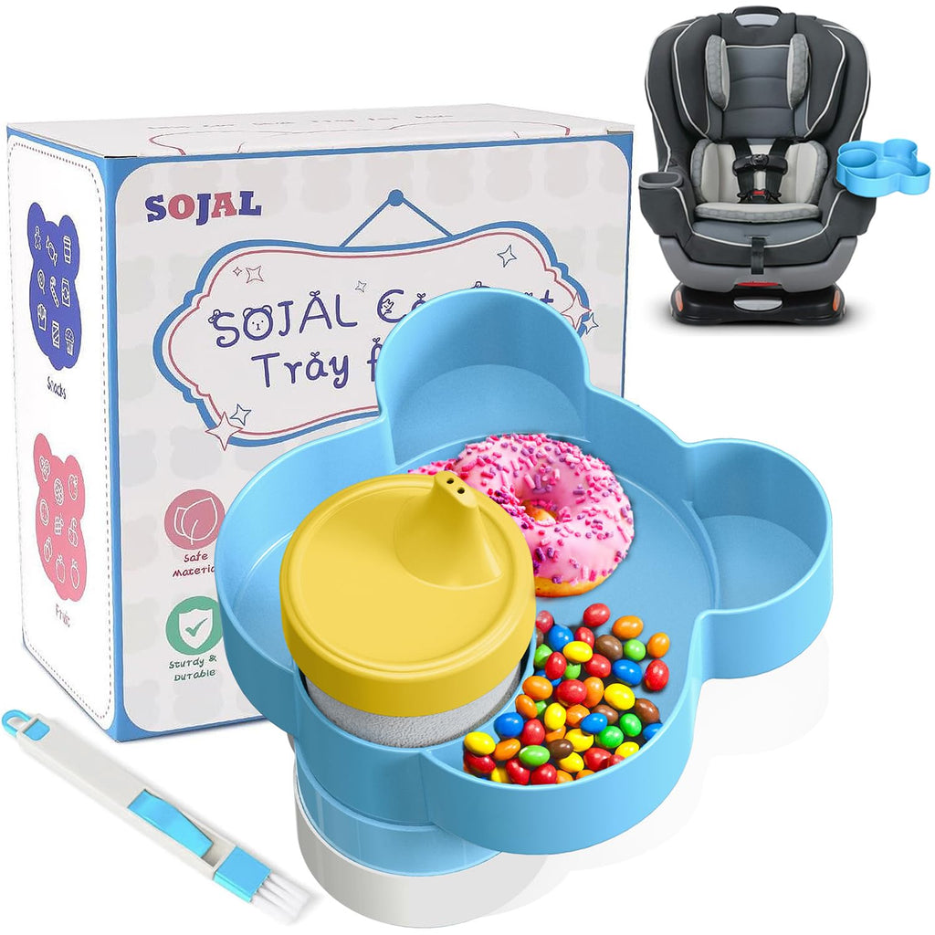 BlueOrigin Car Seat Snack Tray - Travel Tray for Kids Car Seat, Stroller, Booster and Anywhere with a Cup Holder, Toddler Road Trip Essentials Food Plate for Snacks, Toys, Entertainment (Blue)