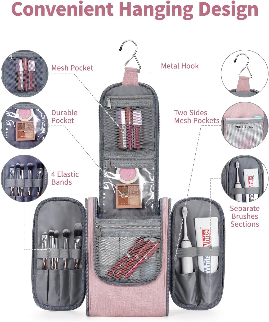 Narwey Small Hanging Toiletry Bag Women Travel Makeup Bag Organizer Toiletries Bag for Travel Size Essentials Accessories Cosmetics (Medium, Pink)