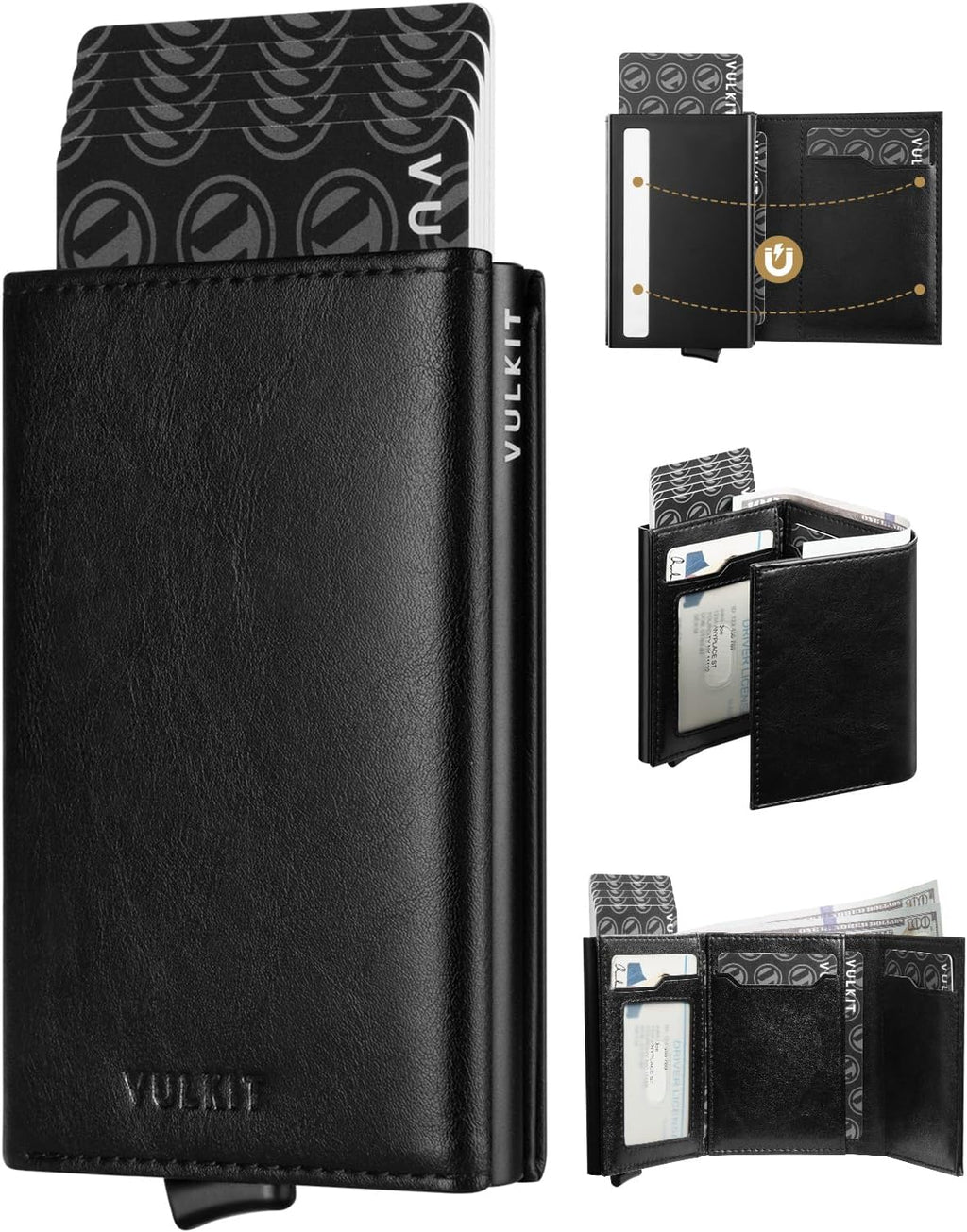 VULKIT Pop up Card Wallet Minimalist Cash Wallets RFID Blocking Leather Smart Credit Card Holder with ID window for Men(Black)