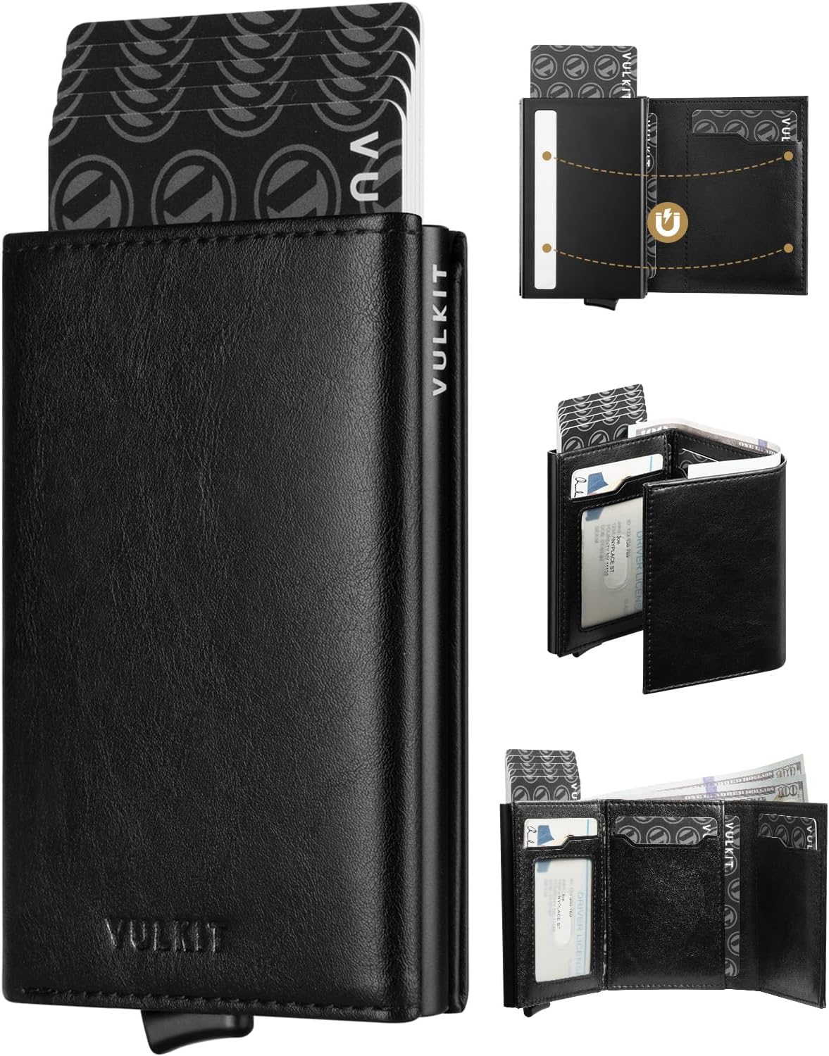 VULKIT Pop up Card Wallet Minimalist Cash Wallets RFID Blocking Leather Smart Credit Card Holder with ID window for Men(Black)