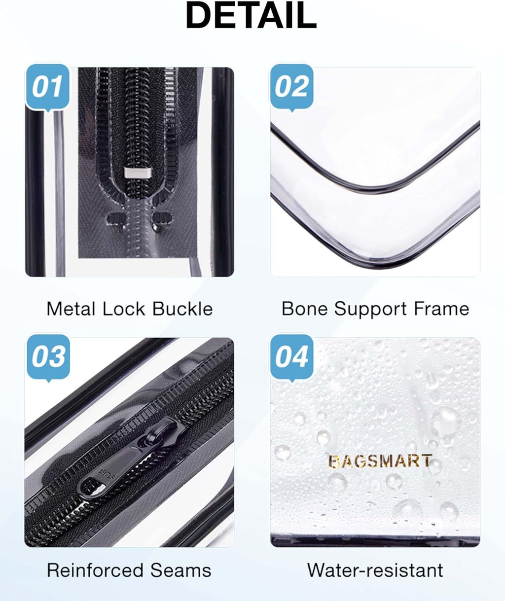 BAGSMART Clear Toiletry Bag, 2 Packs TSA Approved Water Resistant Quart Size Travel Organizer, 2 Sizes Airport Airline Travel Essential Carry On Makeup Cosmetic Bags for Women, Black