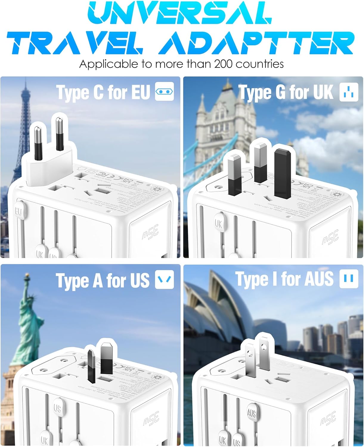 Universal Travel Adapter 35W PD Fast Charging Offers 3X2.4A USB-A Ports, 2X USB-C Ports and Multi AC Outlet, International Plug Converter Worldwide Travel Charger All in One for EU US UK AUS