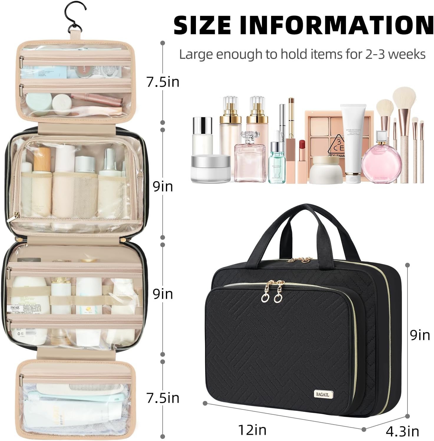BAGAIL Hanging Toiletry Bag for Women Water-resistant Cosmetic Bag Large Capacity Travel Makeup Organizer for Full-Sized Travel Essentials(Standard, Black)