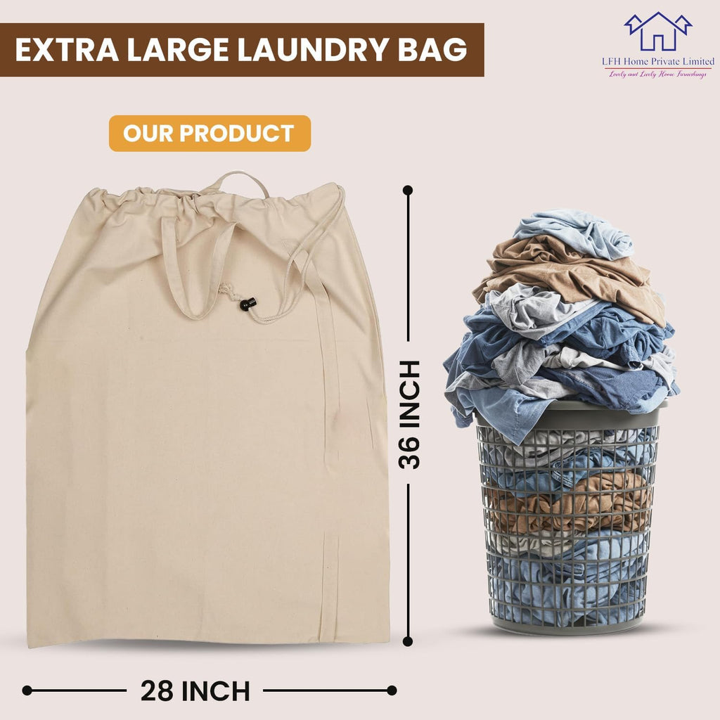 LFH Home Cotton Canvas Extra Large Laundry Bag with Handle, Heavy Duty Drawstring Closure Washable Laundry Bags School Travel, Home, Hotel, College Dorm, Organizer Sack, Toys Clothes 28x36-Natural