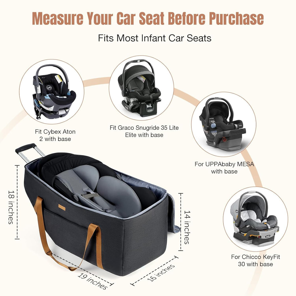 Infant Car Seat Travel Bag with Wheels Fits Chicco KeyFit 30,Nuna Pipa,UPPAbaby MESA, Padded Car Seat Bags for Airplane, Gate Check Bag with Side Pocket, Removable Cover for Air Travel, Black