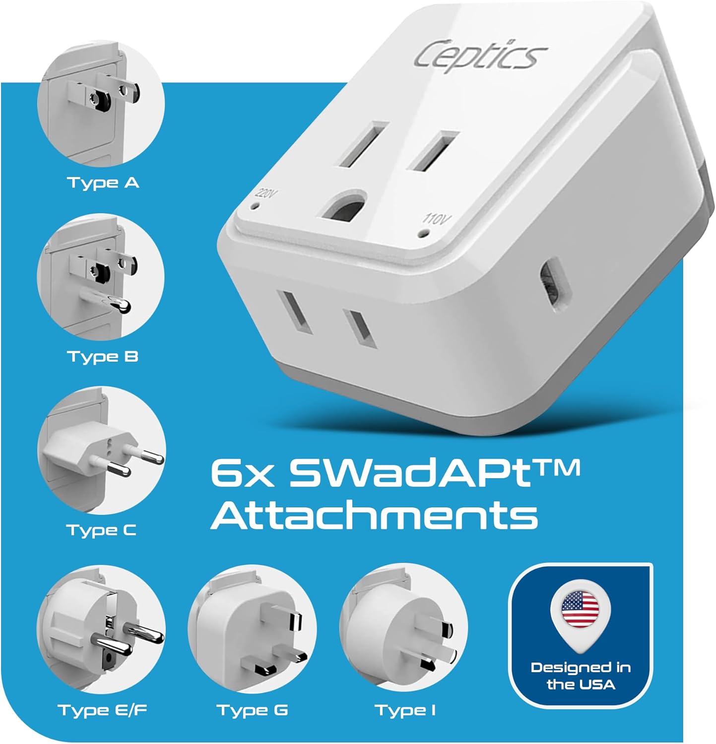 Ceptics World Travel Plug Adapter Set, Safe USB-C 3.0-2 USA Socket,30W PD & QC - Compact & Powerful - Use in Europe Includes Type A, B, C, E/F, G, I SWadAPt Attachments (PAK-30-WS)
