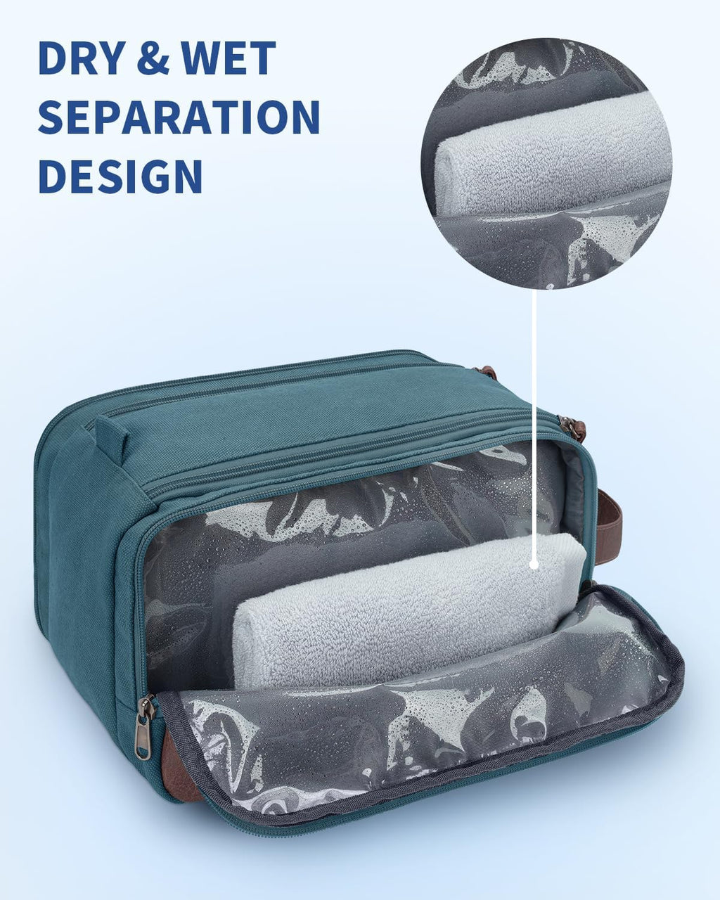 WANDF Toiletry Bag for Men Travel Toiletry Organizer Canvas and Leather Dopp Kit Water-Resistant Shaving Bag for Travel Accessories (Blue-Green, Large)