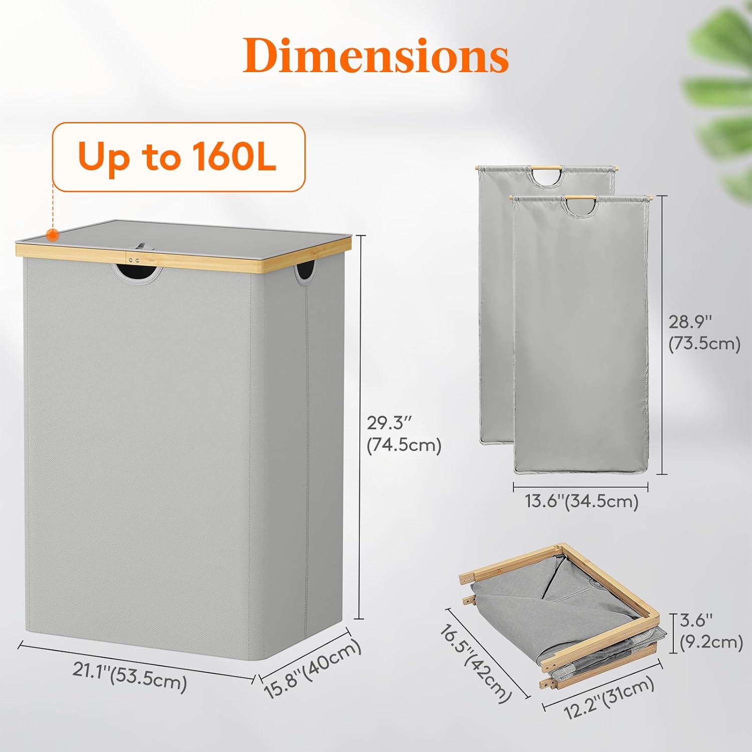 Lifewit 160L Double Laundry Hamper with Lid, Extra Large Bamboo Laundry Basket Dirty Clothes Hamper, 2 Section Laundry Bin Organizer for Laundry Room Bedroom with 2 Removable Liners & Bags,Silver Grey